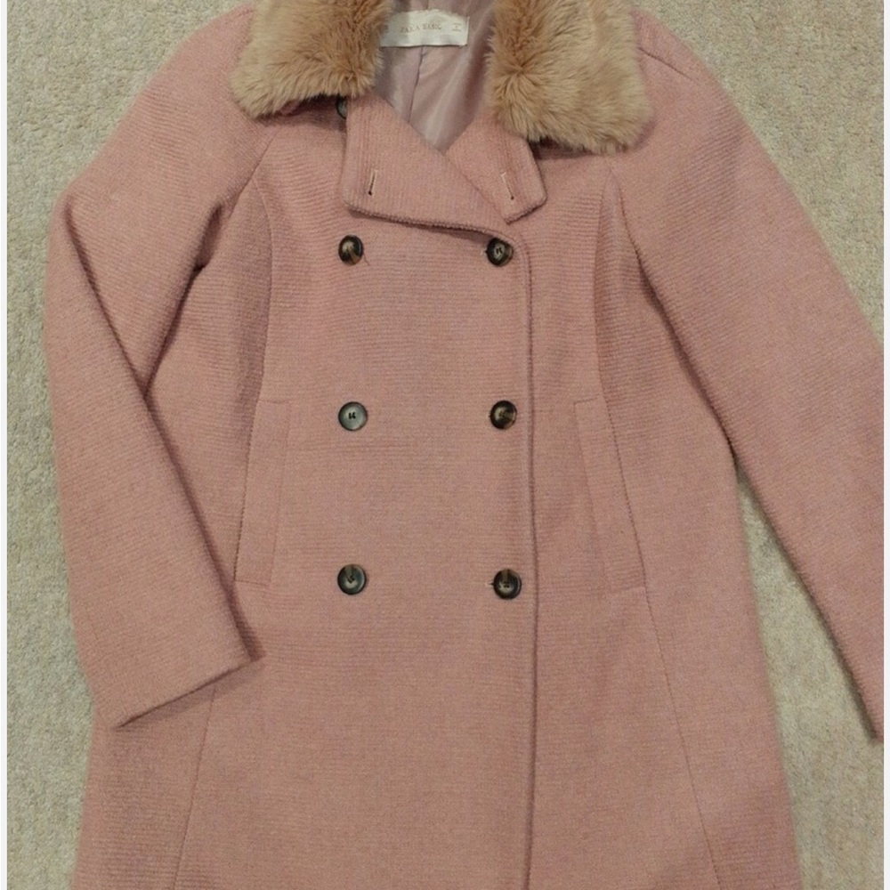 Zara Blush Pea Coat with Tan Faux Fur Collar